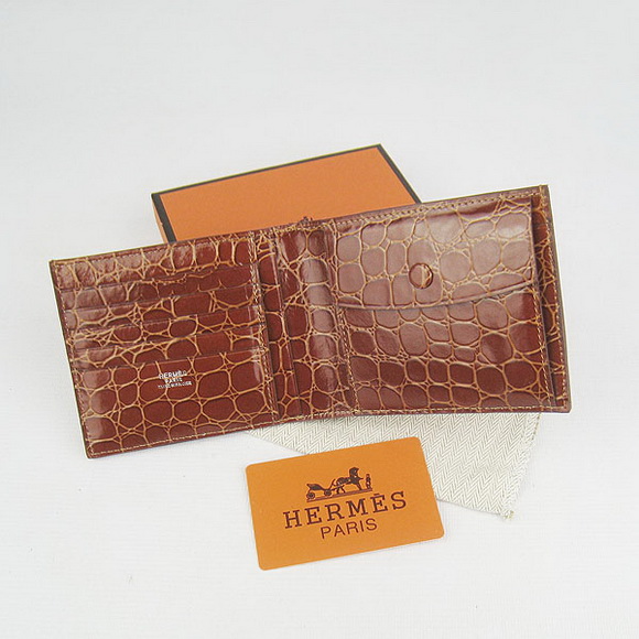 Cheap Replica Hermes Brown Crocodile Veins Bi-Fold Wallet H014